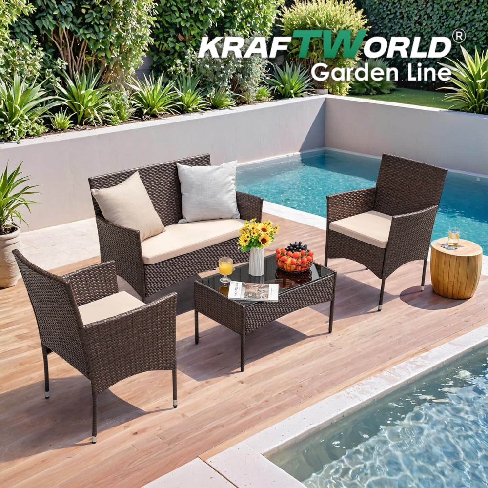 Луксозен Сет Градински Ратанови Мебели – 2 Кресла, Диван и Маса KRAFT WORLD GARDEN