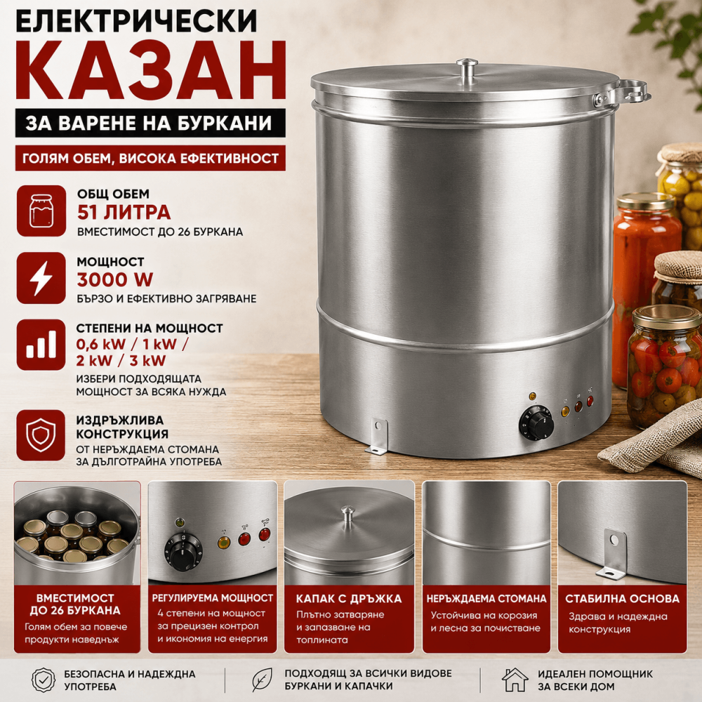 Електрически Казан за Варене на Буркани 51 л, 3000W – Стерилизатор за Зимнина