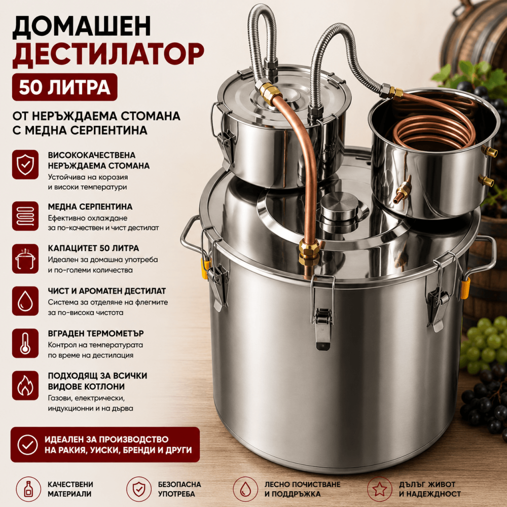 Казан за Ракия 50 л – Домашен Дестилатор от Неръждаема Стомана с Медна Серпентина