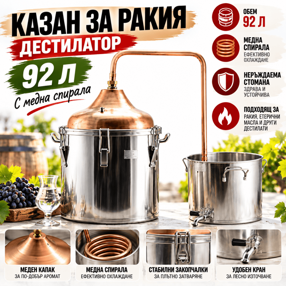 Казан за Ракия – Дестилатор 92л. с Медна Спирала