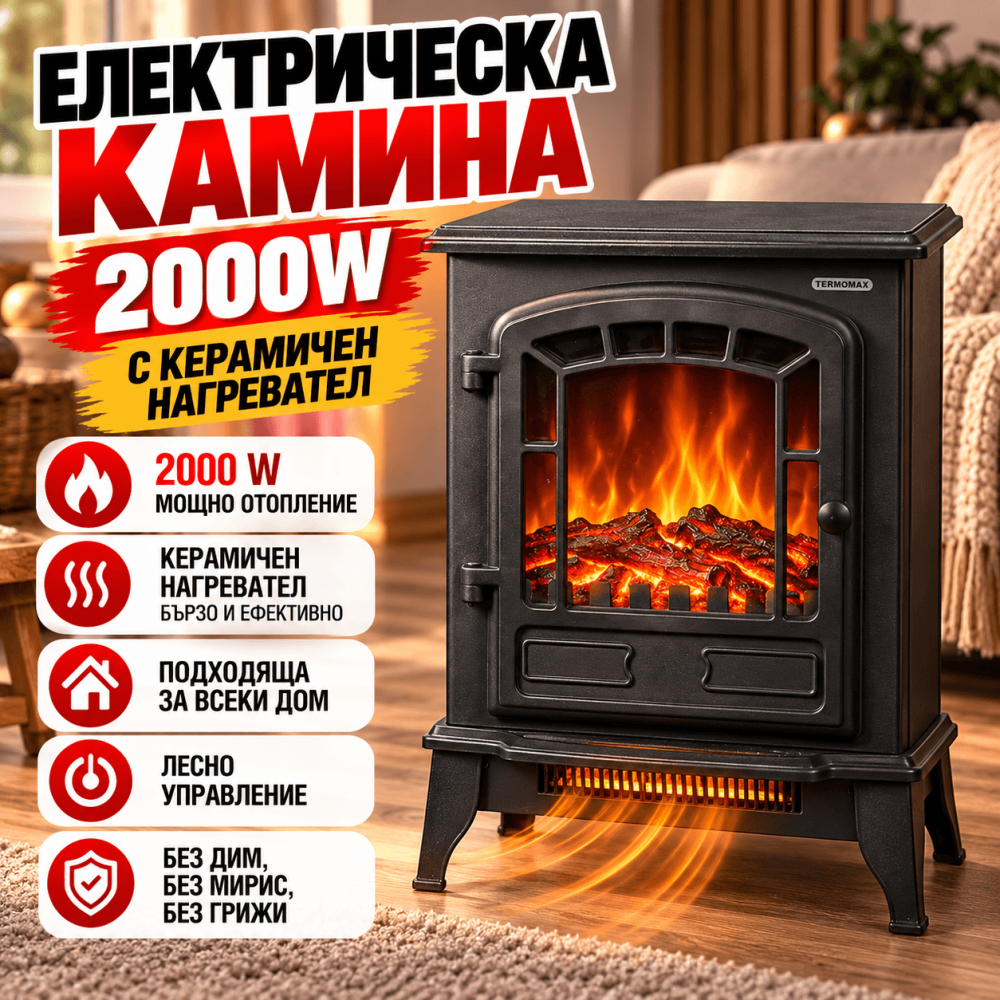 Електрическа Камина Termomax TF257, 2000W с Керамичен Нагревател