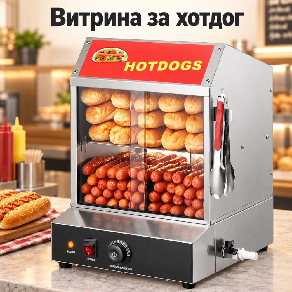 Витрина за хотдог 27л – 1200W, две нива и парно подгряване