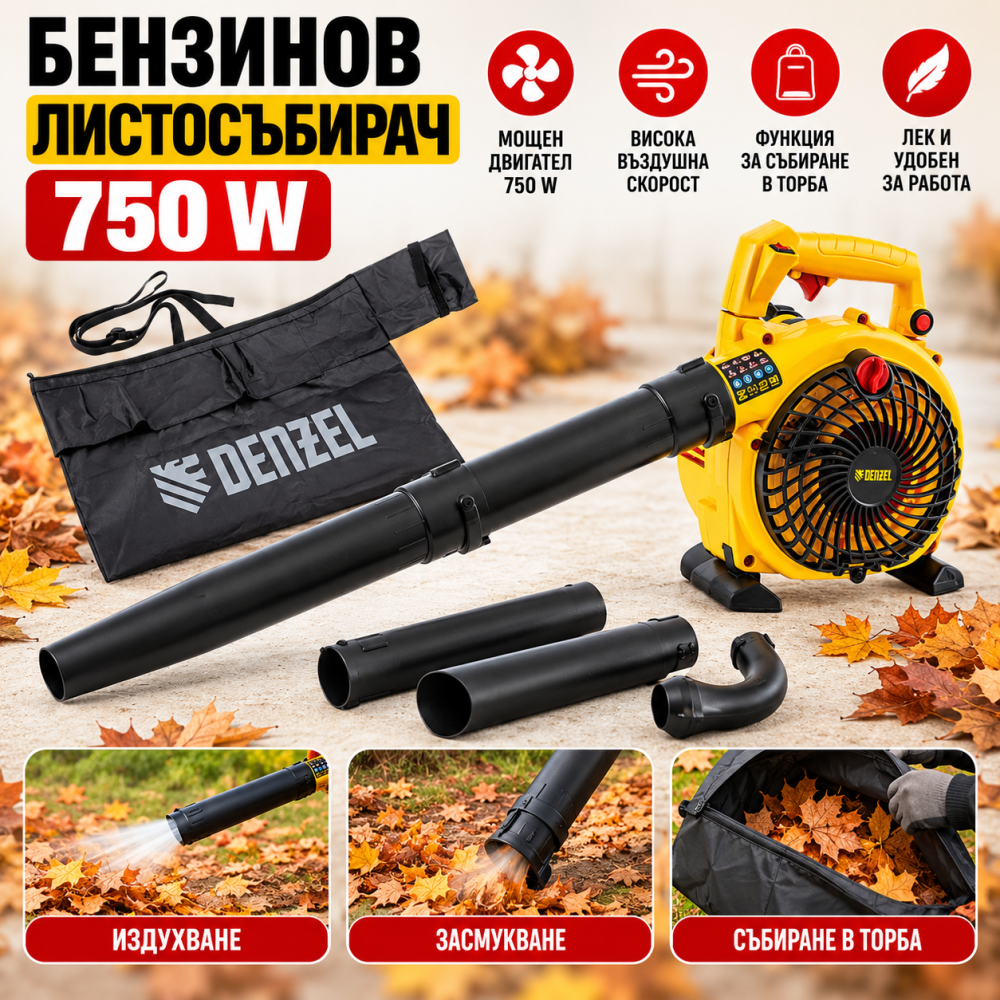 Бензинов Листосъбирач и Духалка 2в1 750W с Торба 35л и Въздушна Струя 245 км/ч