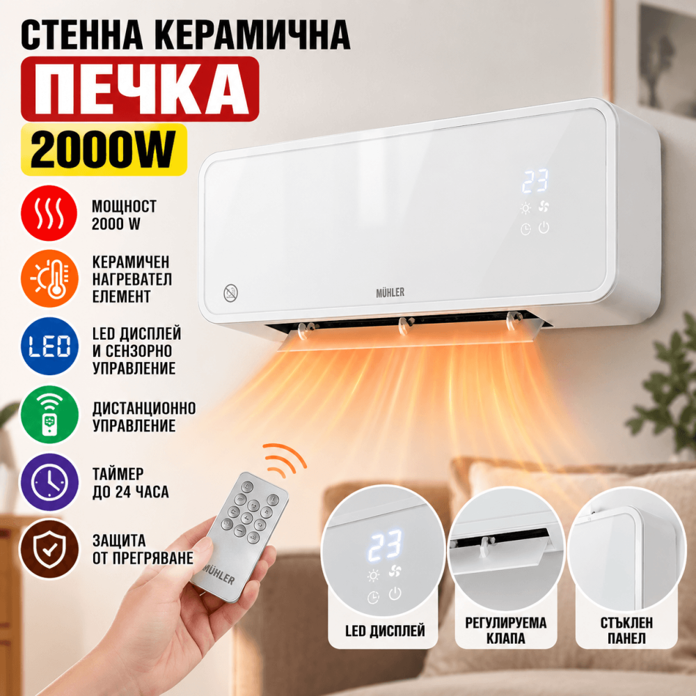 Стенен Керамичен Отоплител 2000 W със Стъклен Панел, Таймер и Дистанционно