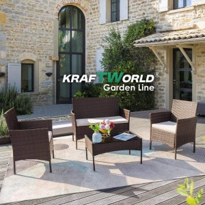 Луксозен Сет Градински Ратанови Мебели – 2 Кресла, Диван и Маса KRAFT WORLD GARDEN